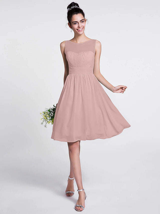 Luolandi A-Line Bridesmaid Dress Scoop Neck Sleeveless Knee Length Chiffon with Ruched / Draping A-Line Bridesmaid Dress Scoop Neck Sleeveless Knee Length Chiffon with Ruched Pure Color